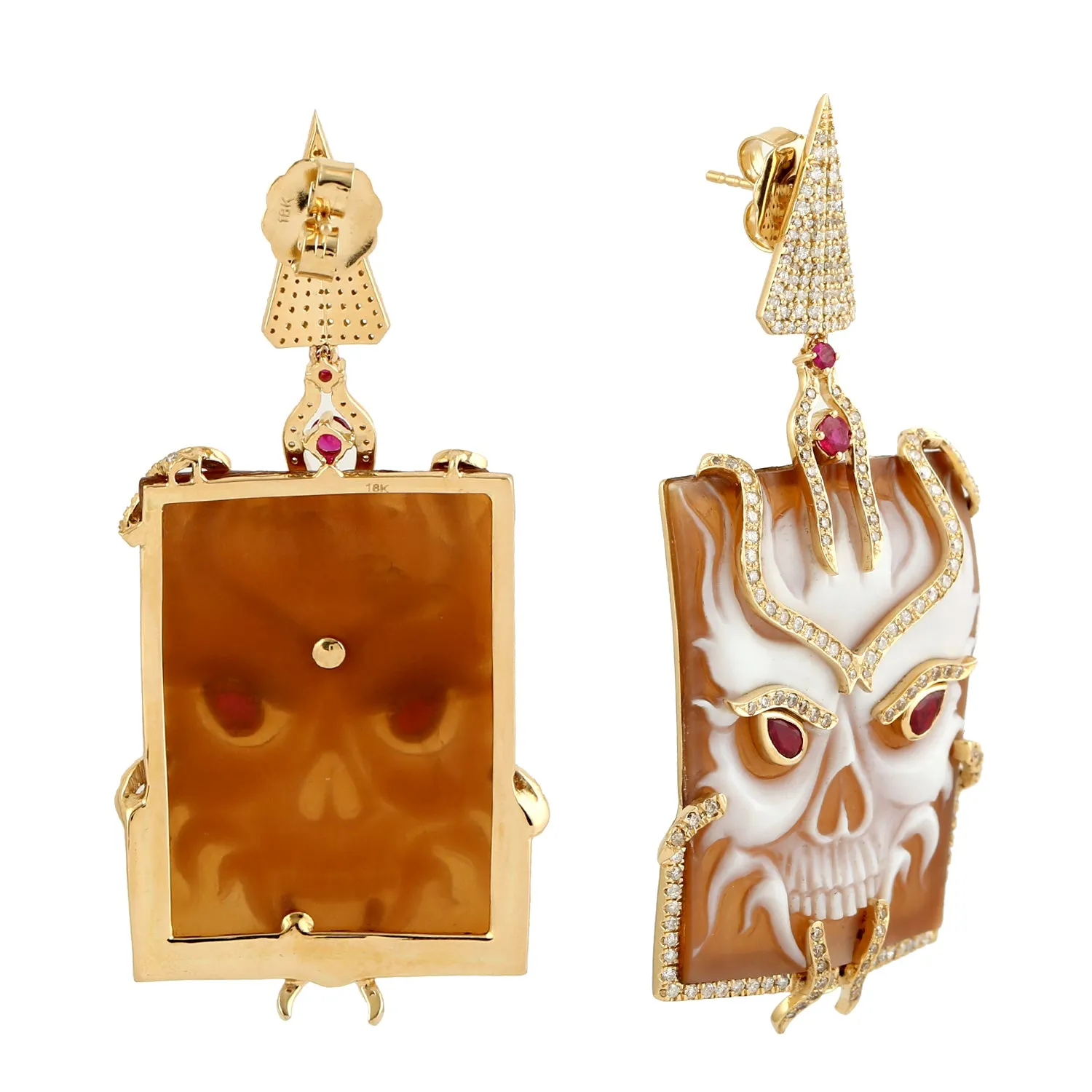 Natural Pave Diamond & Ruby Shell Cameo Dangler Halloween Jewelry In 18k Yellow Gold