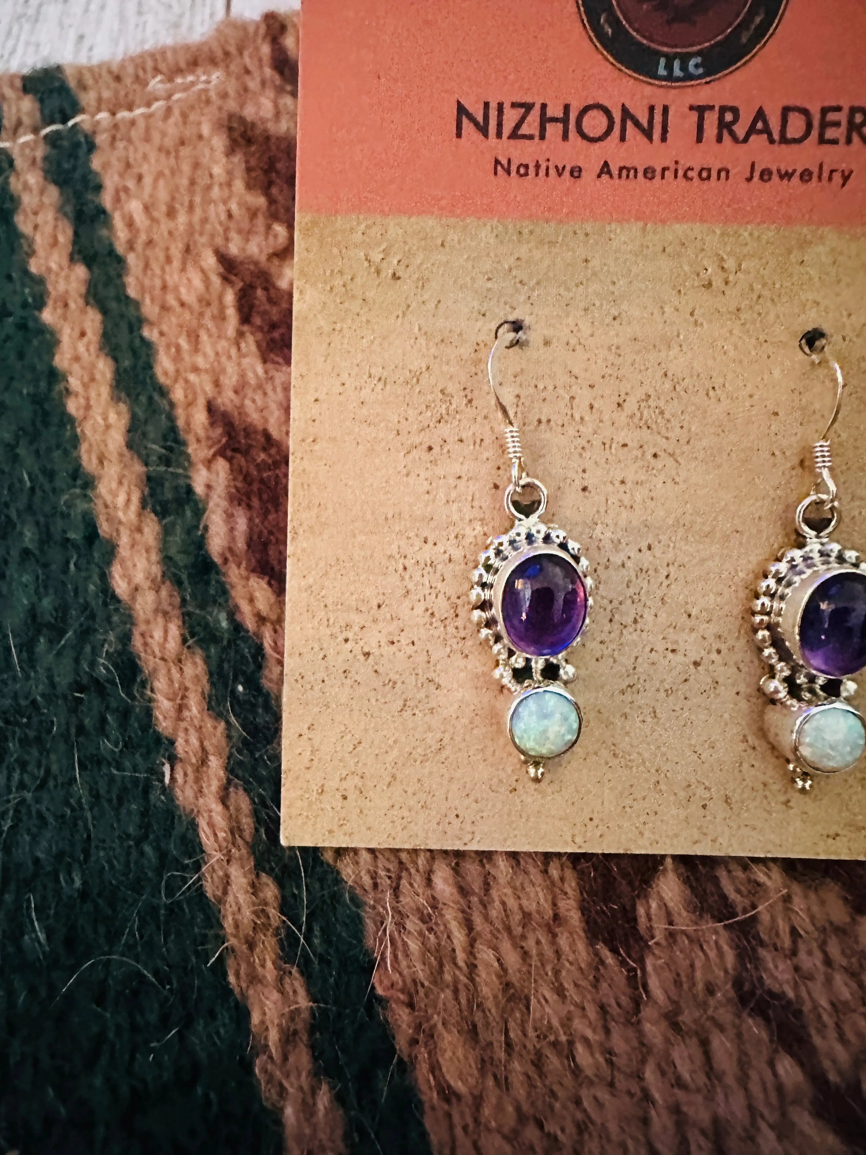 Navajo Amethyst, Opal & Sterling Silver Dangle Earrings