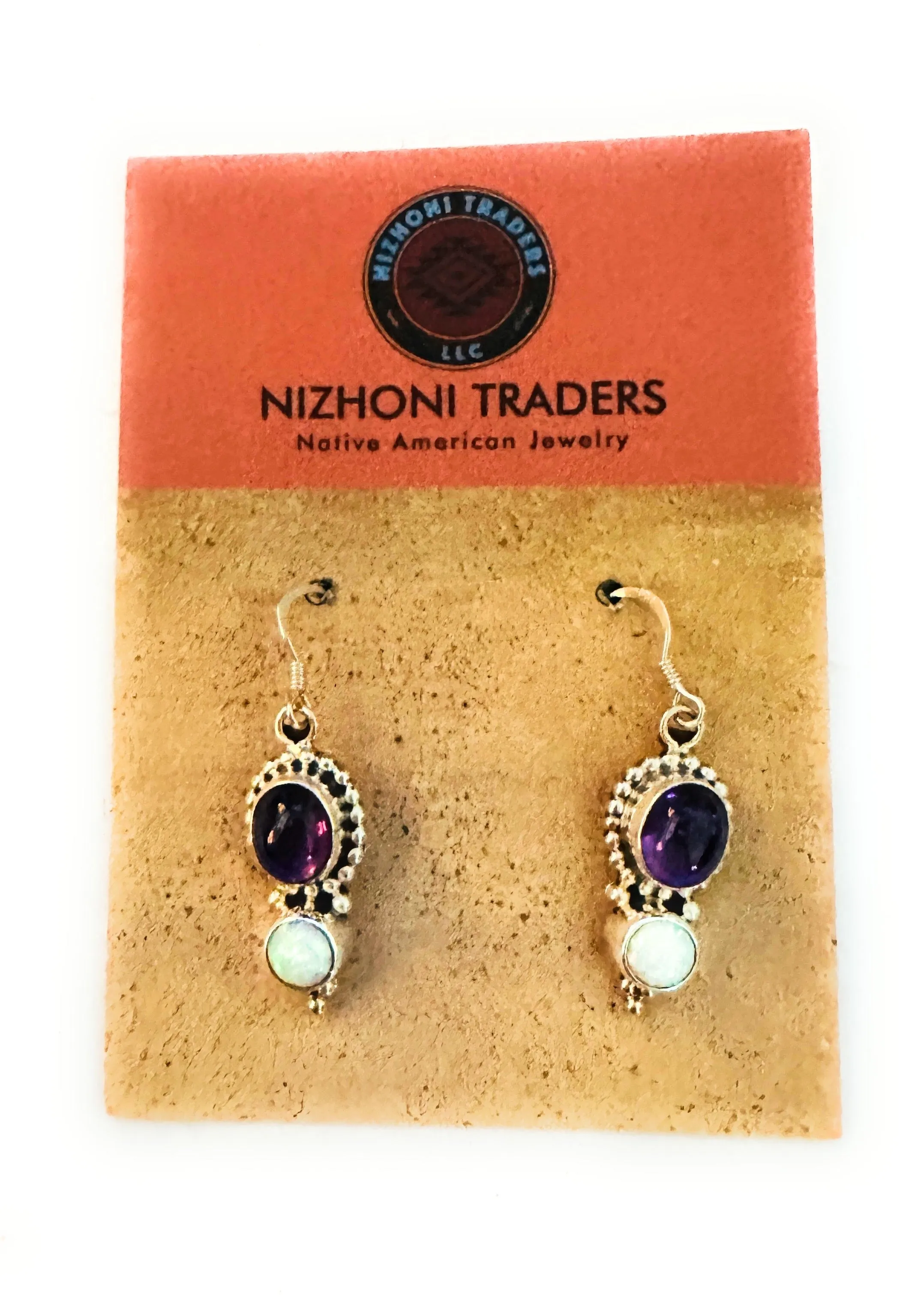 Navajo Amethyst, Opal & Sterling Silver Dangle Earrings