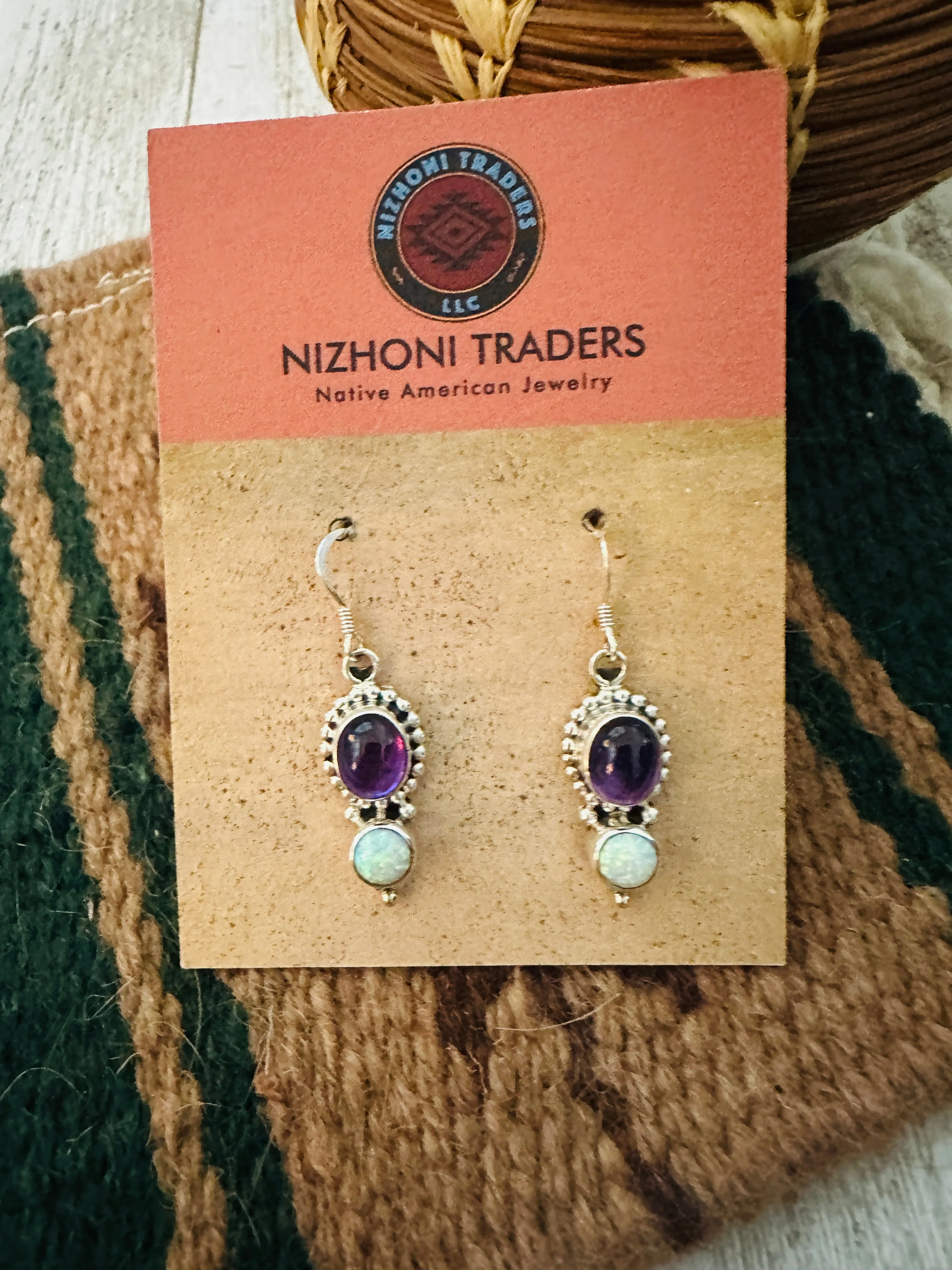 Navajo Amethyst, Opal & Sterling Silver Dangle Earrings