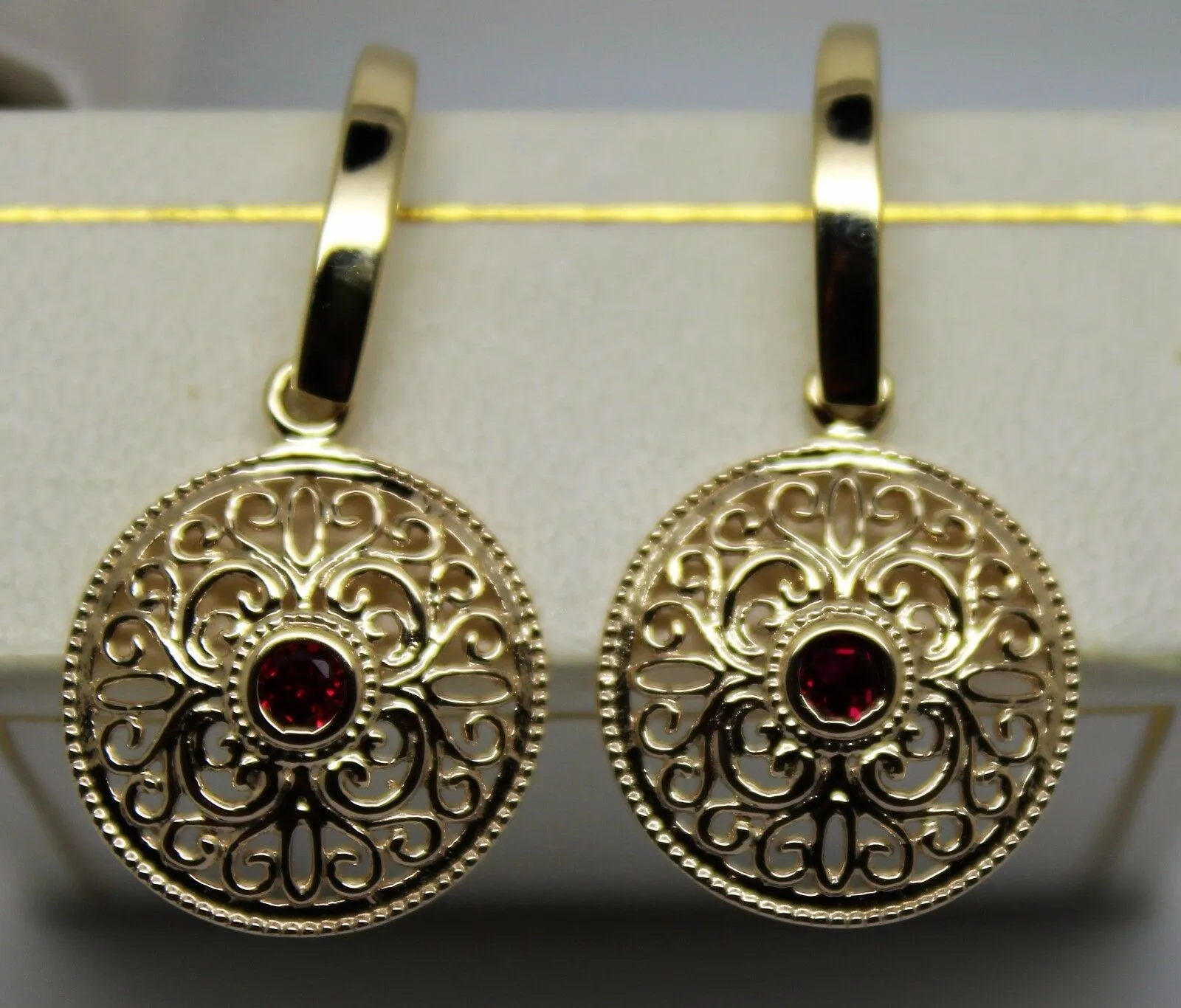 New 9ct Solid Yellow, Rose or White Gold Antique Ruby Filigree Drop Earrings -July Birthstone