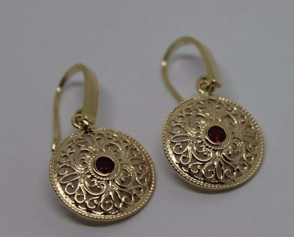 New 9ct Solid Yellow, Rose or White Gold Antique Ruby Filigree Drop Earrings -July Birthstone