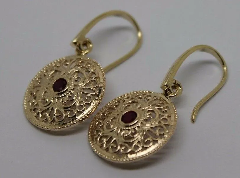 New 9ct Solid Yellow, Rose or White Gold Antique Ruby Filigree Drop Earrings -July Birthstone