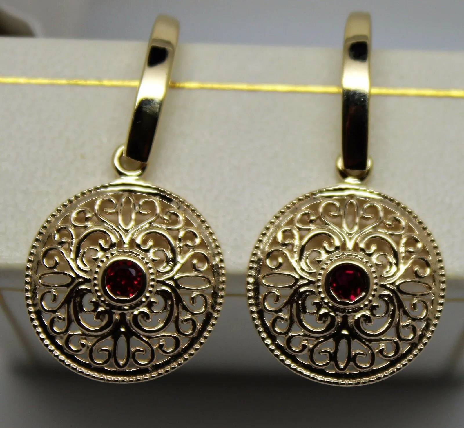 New 9ct Solid Yellow, Rose or White Gold Antique Ruby Filigree Drop Earrings -July Birthstone