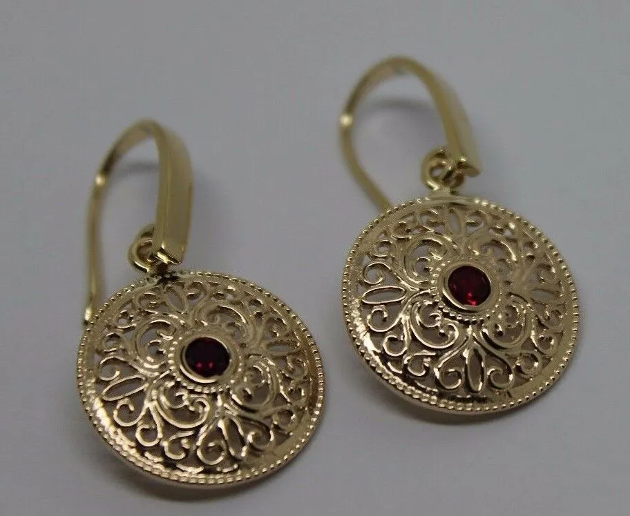 New 9ct Solid Yellow, Rose or White Gold Antique Ruby Filigree Drop Earrings -July Birthstone