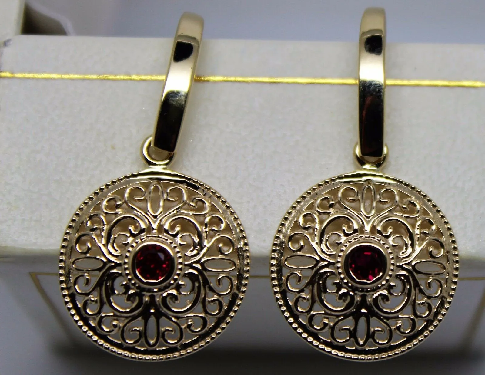 New 9ct Solid Yellow, Rose or White Gold Antique Ruby Filigree Drop Earrings -July Birthstone