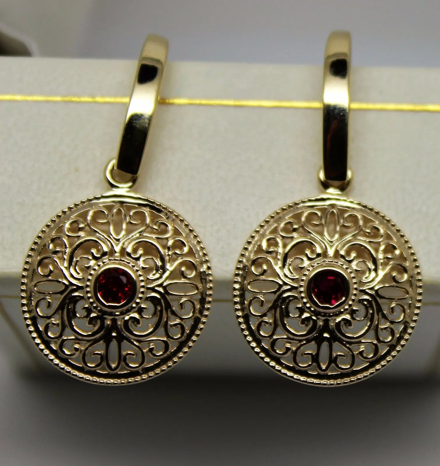 New 9ct Solid Yellow, Rose or White Gold Antique Ruby Filigree Drop Earrings -July Birthstone