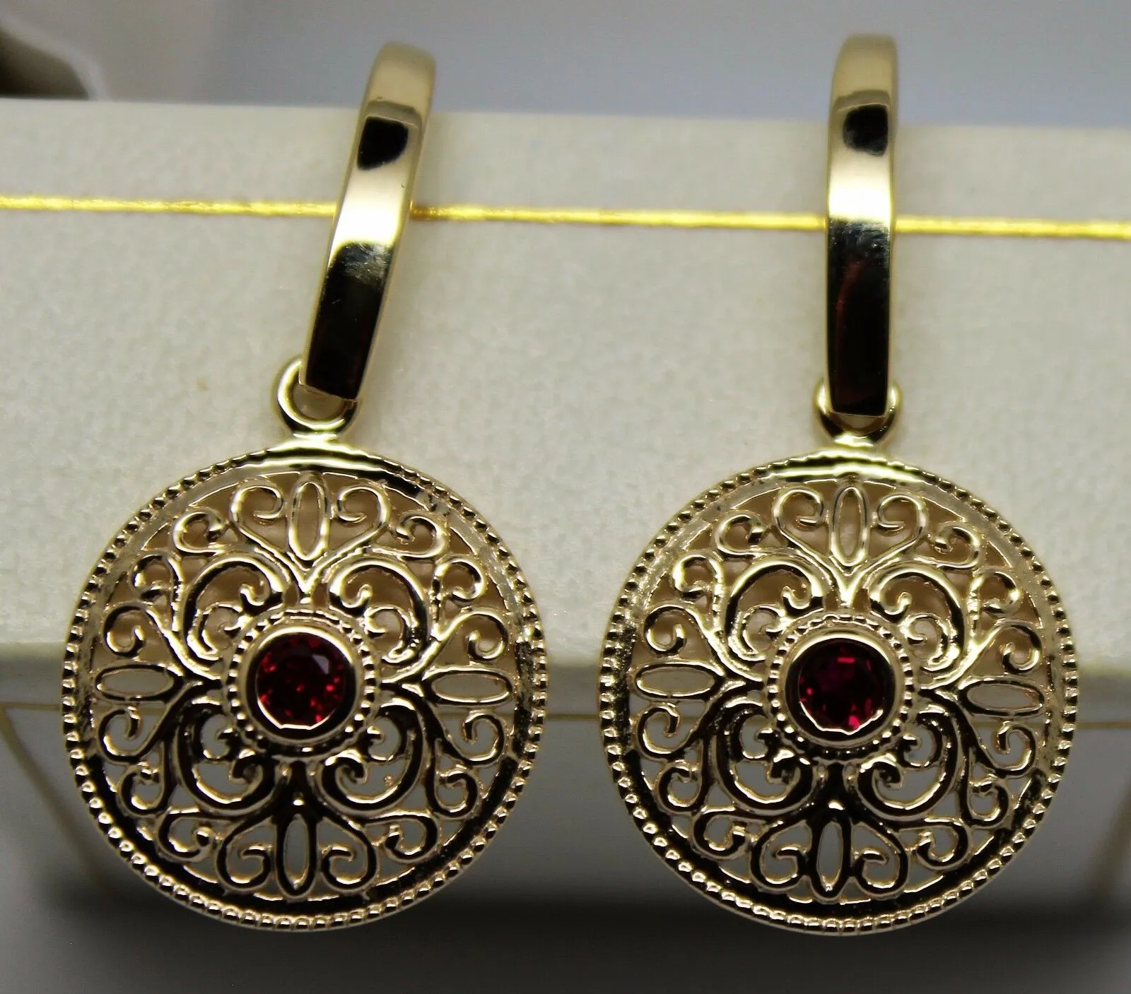 New 9ct Solid Yellow, Rose or White Gold Antique Ruby Filigree Drop Earrings -July Birthstone