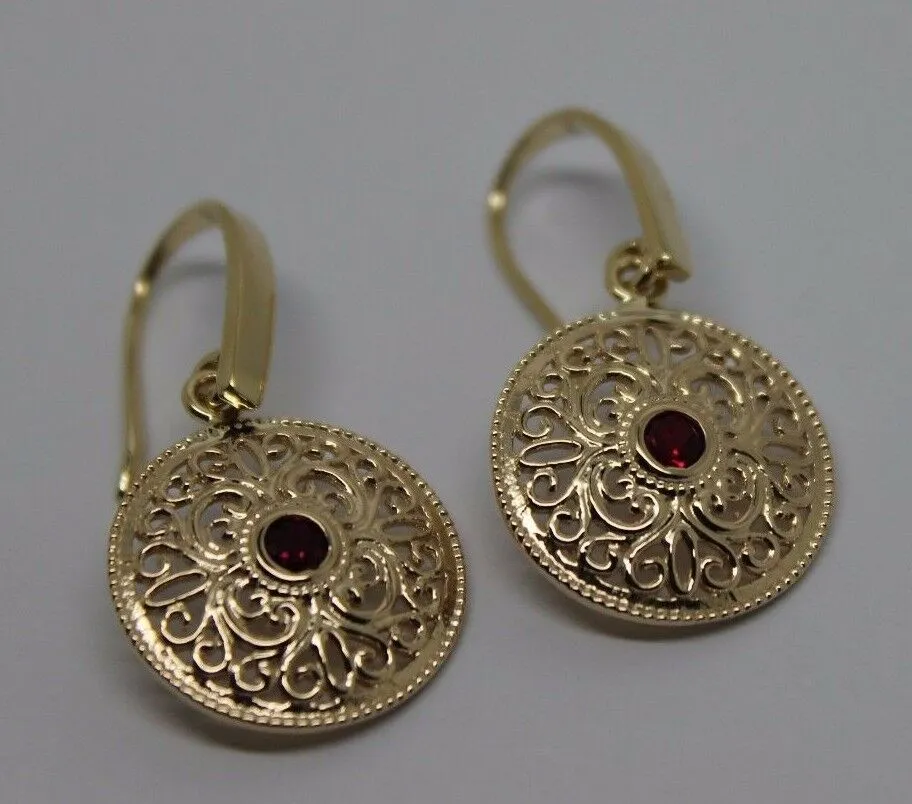 New 9ct Solid Yellow, Rose or White Gold Antique Ruby Filigree Drop Earrings -July Birthstone