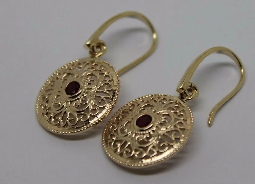 New 9ct Solid Yellow, Rose or White Gold Antique Ruby Filigree Drop Earrings -July Birthstone