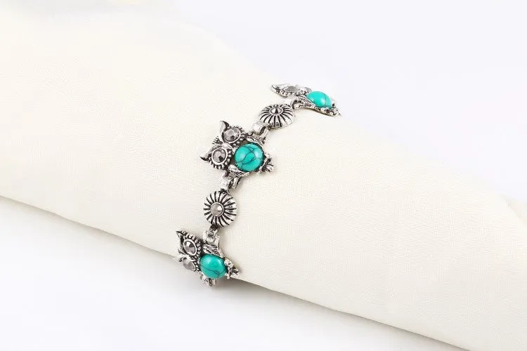 New Brand Design Jewelry Sets Silver Plated Retro Turquoise Pendant Necklace Owl drop earrings Charm bracelet Gift women