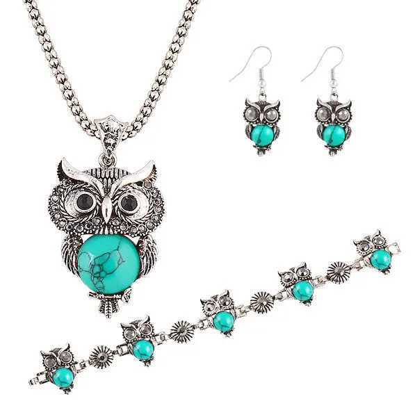 New Brand Design Jewelry Sets Silver Plated Retro Turquoise Pendant Necklace Owl drop earrings Charm bracelet Gift women