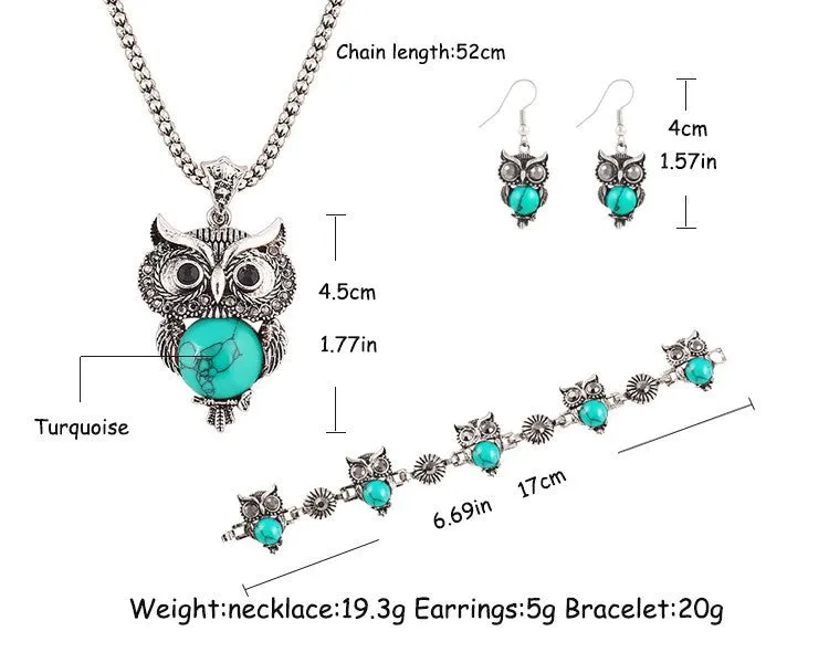 New Brand Design Jewelry Sets Silver Plated Retro Turquoise Pendant Necklace Owl drop earrings Charm bracelet Gift women