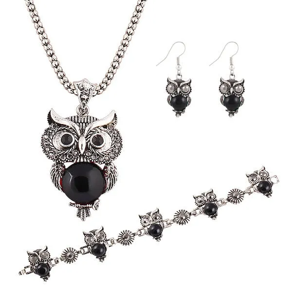 New Brand Design Jewelry Sets Silver Plated Retro Turquoise Pendant Necklace Owl drop earrings Charm bracelet Gift women