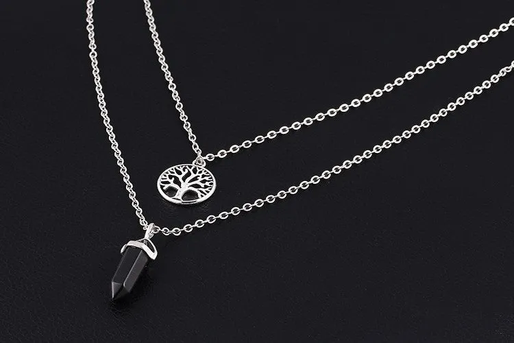 New Fashion Alloy Silver-plated Double Chain necklace jewelry Round Tree Punk black gem necklace pendants statement