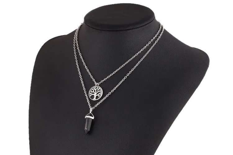 New Fashion Alloy Silver-plated Double Chain necklace jewelry Round Tree Punk black gem necklace pendants statement