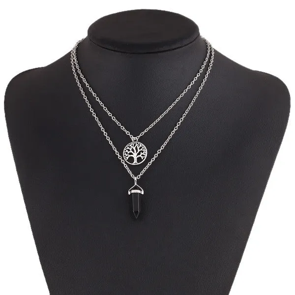 New Fashion Alloy Silver-plated Double Chain necklace jewelry Round Tree Punk black gem necklace pendants statement