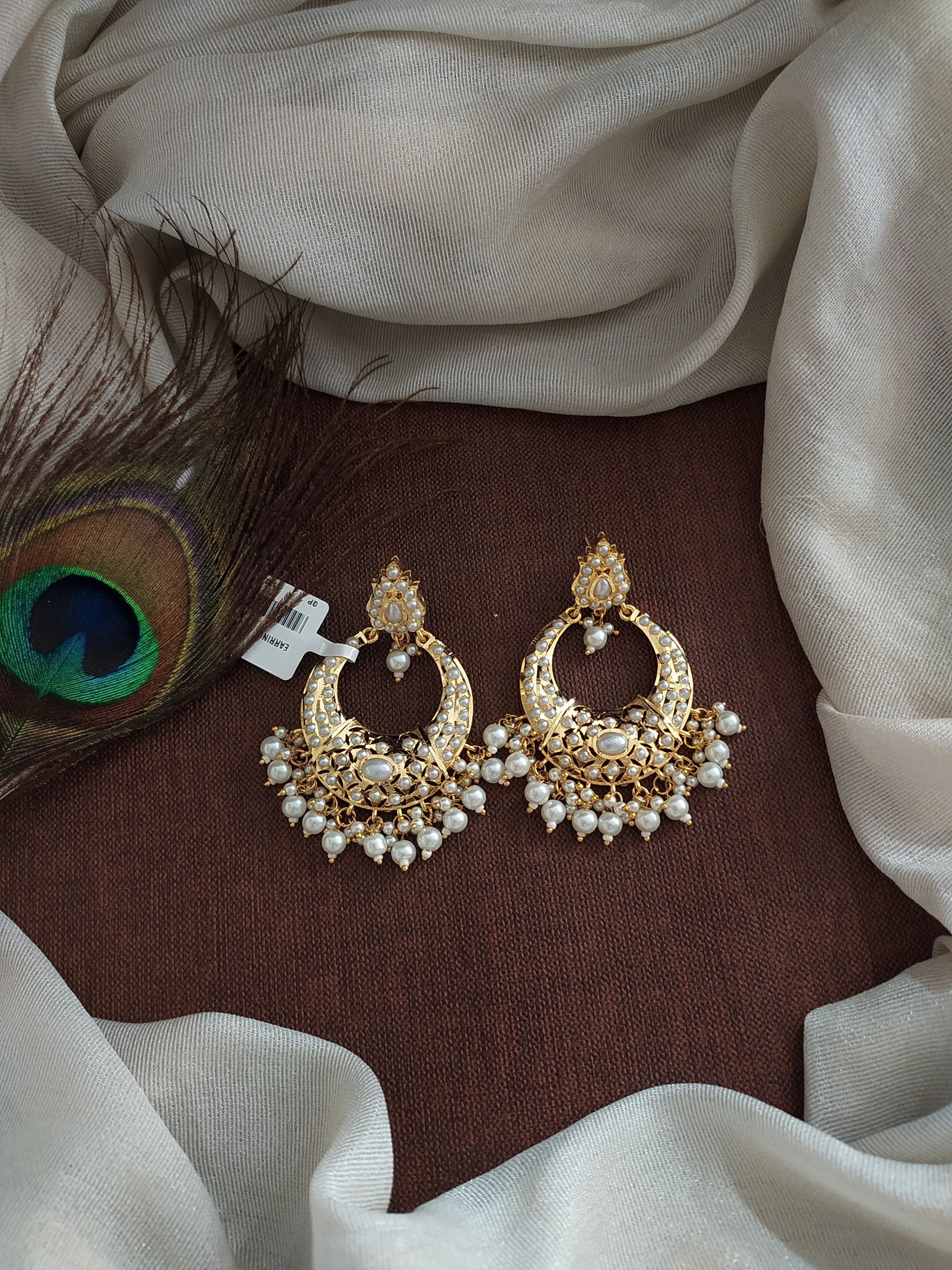 Nizami Chandbali Earrings in Navaratna, Red with Green, Pearls (White), Ruby, and Green