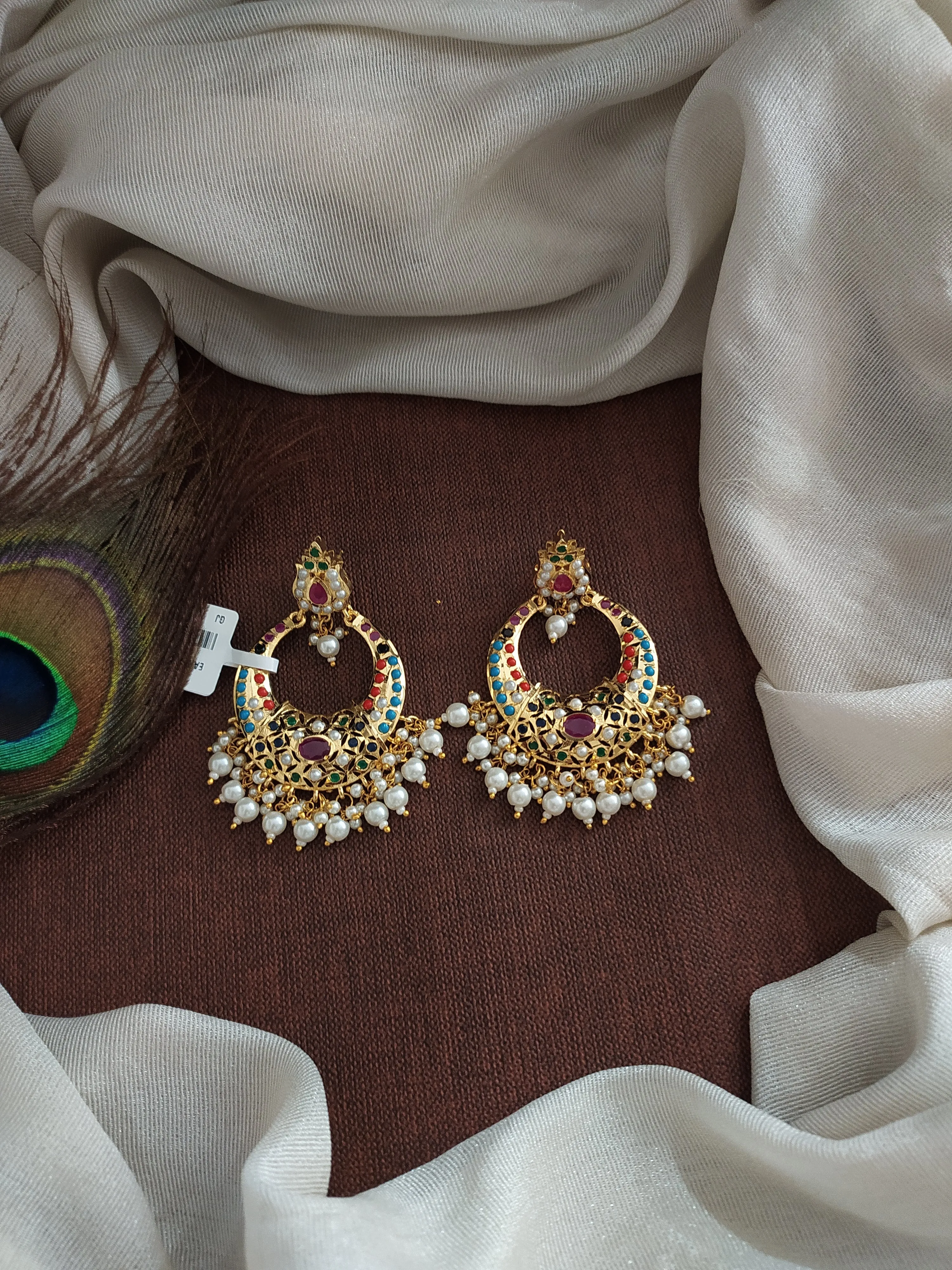 Nizami Chandbali Earrings in Navaratna, Red with Green, Pearls (White), Ruby, and Green