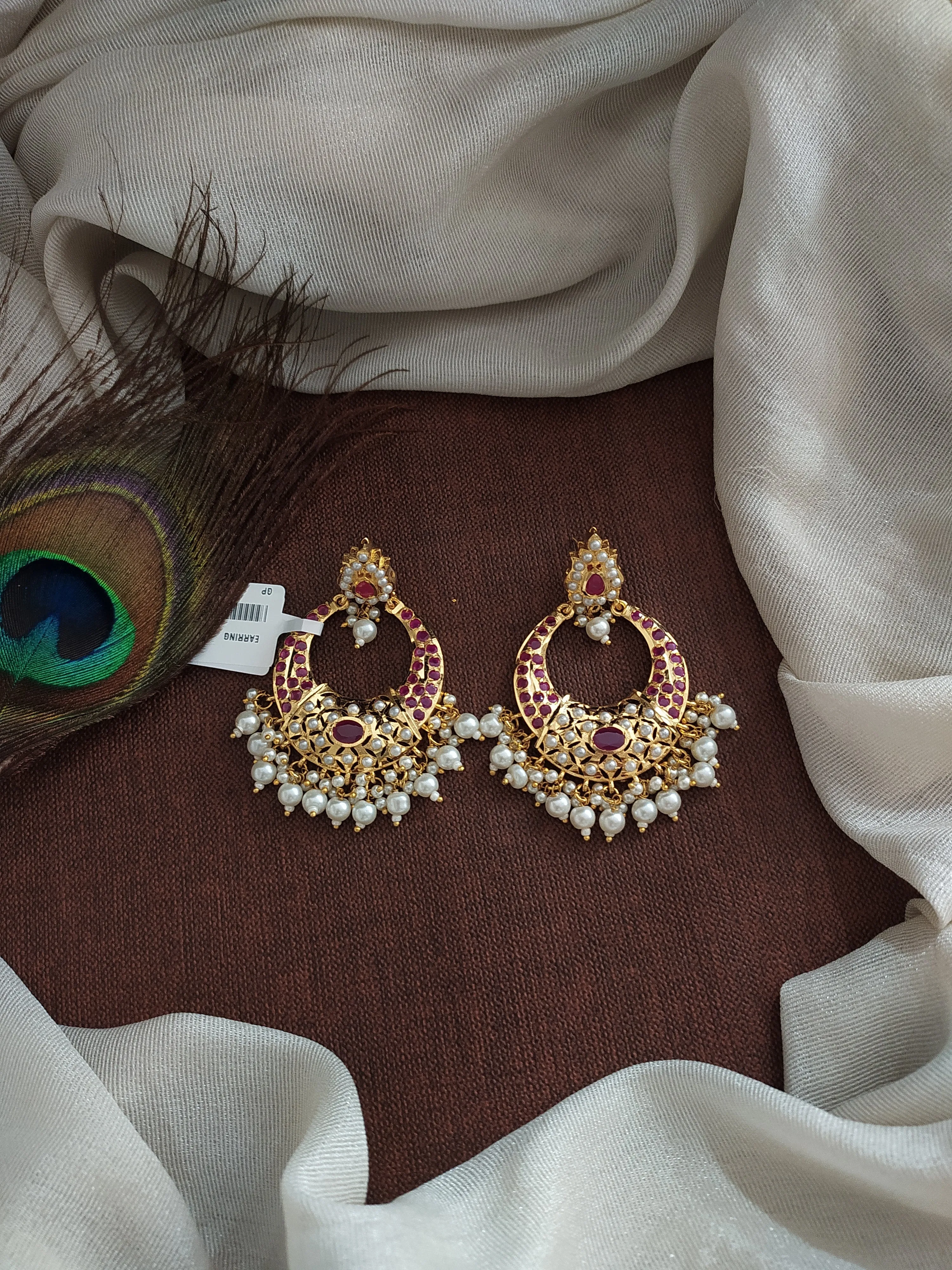 Nizami Chandbali Earrings in Navaratna, Red with Green, Pearls (White), Ruby, and Green