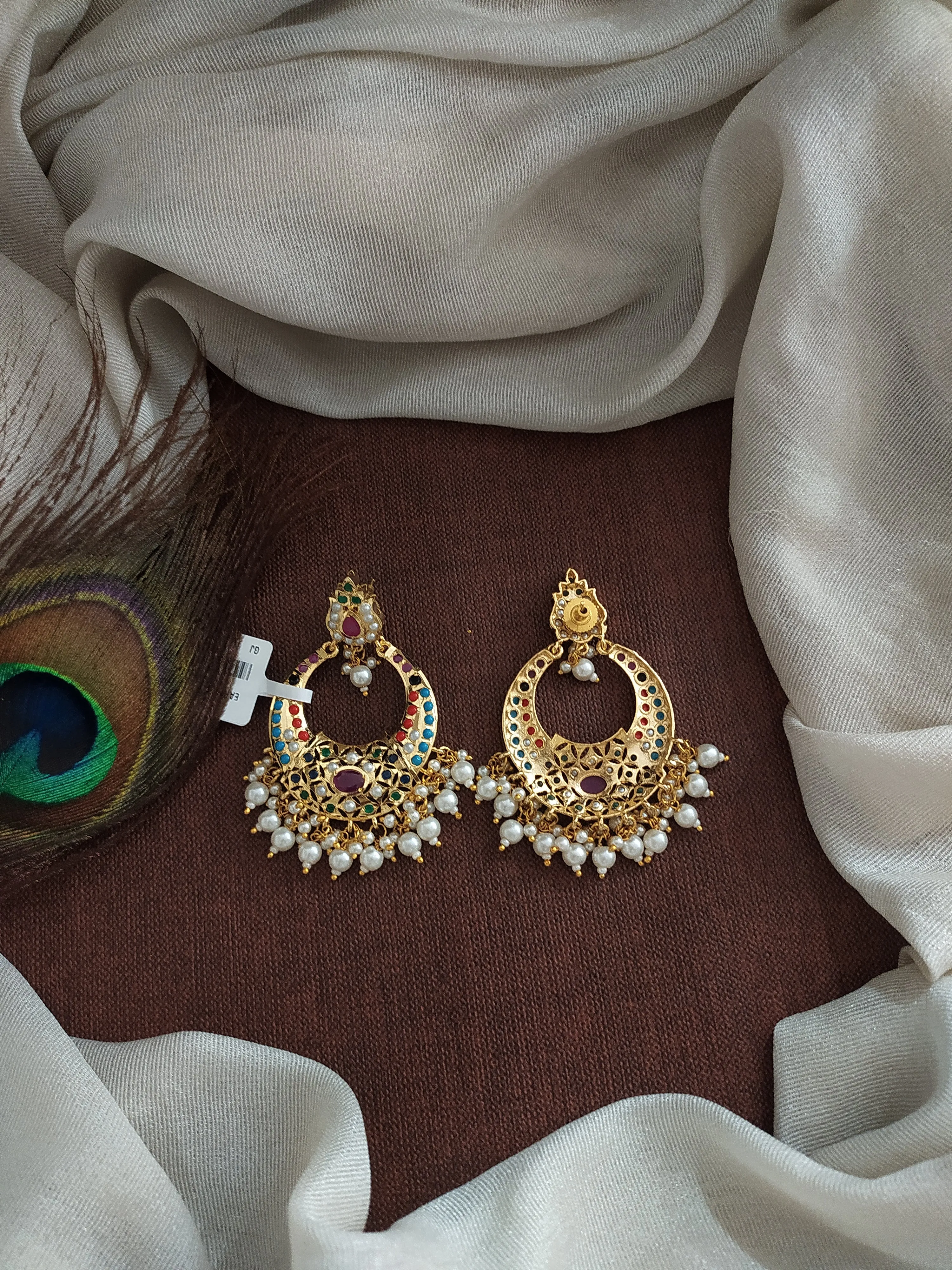 Nizami Chandbali Earrings in Navaratna, Red with Green, Pearls (White), Ruby, and Green