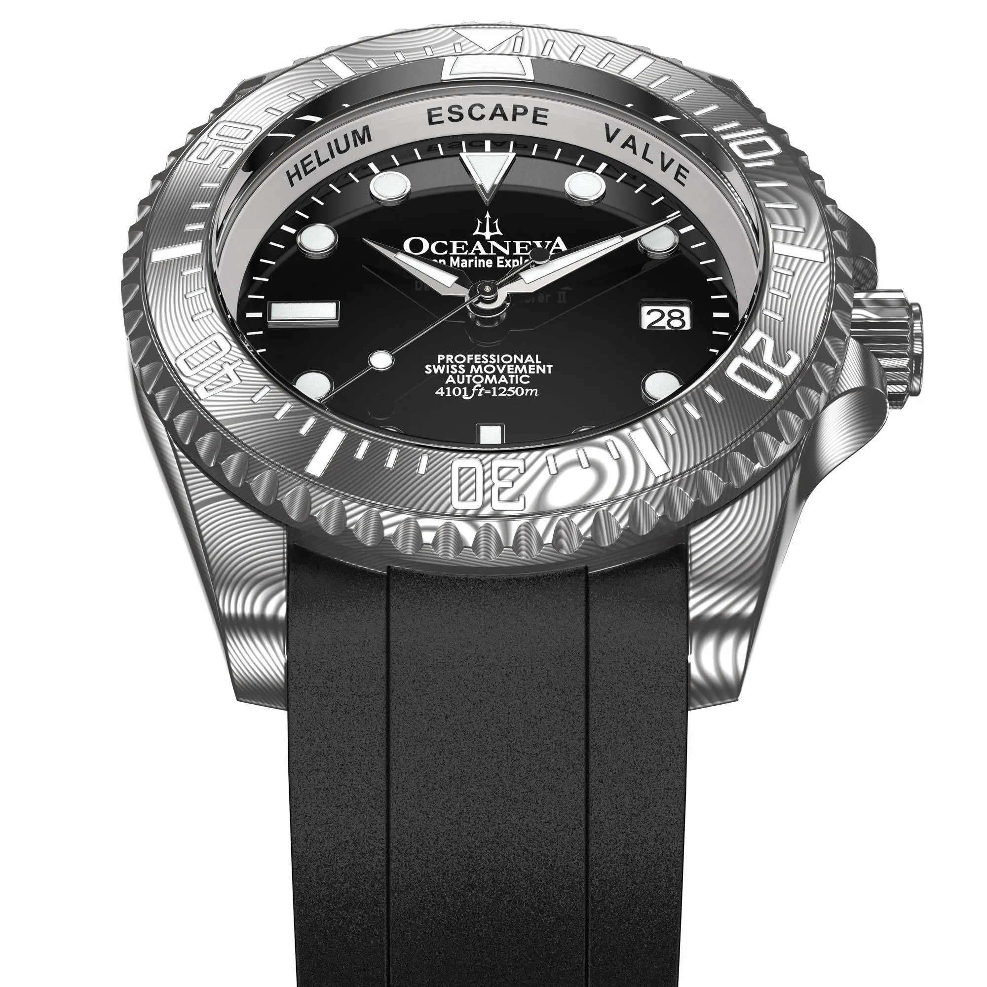 Oceaneva Men's Deep Marine Explorer II 1250m Damascus Steel Watch Rubber Strap