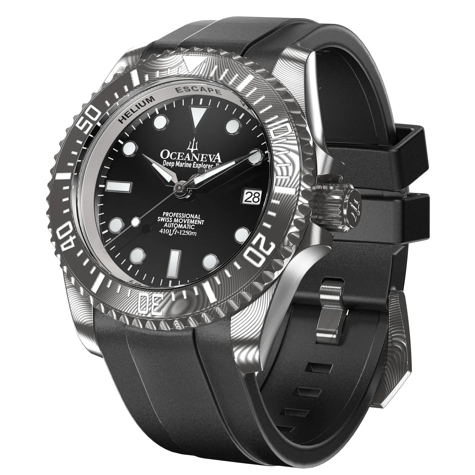 Oceaneva Men's Deep Marine Explorer II 1250m Damascus Steel Watch Rubber Strap