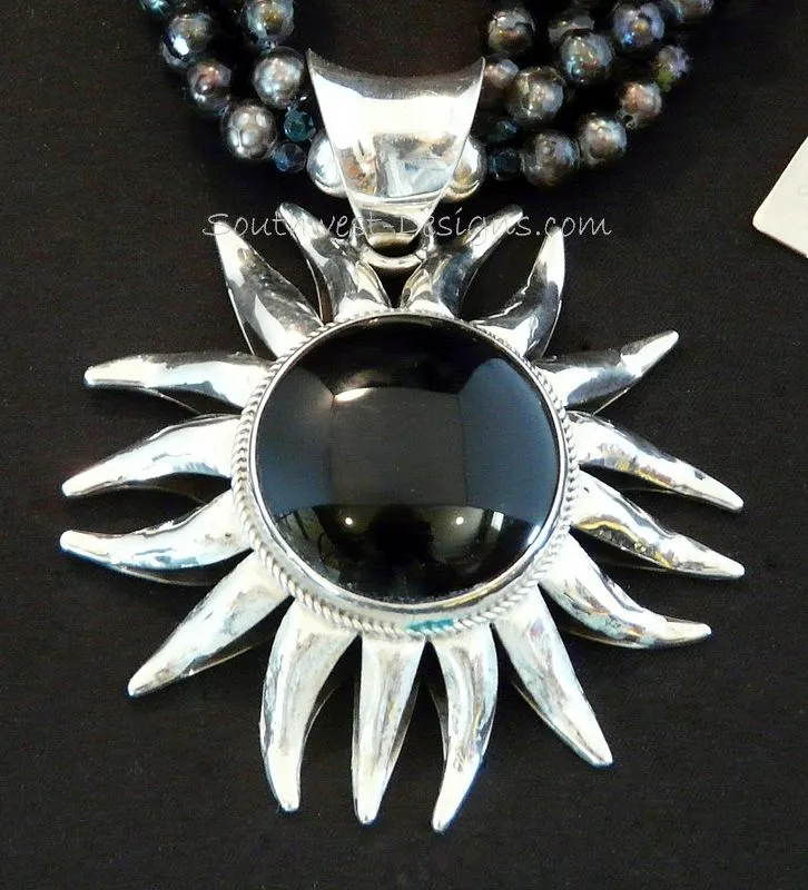 Onyx and Sterling Silver Sunflower Pendant with 4 Strands of Black Faceted Pearls, Czechoslovakian Nailheads, Sterling Silver Stamped Rondelles and Coin Beads, and Sterling Cones & Toggle Clasp