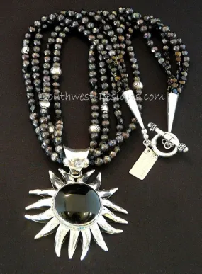 Onyx and Sterling Silver Sunflower Pendant with 4 Strands of Black Faceted Pearls, Czechoslovakian Nailheads, Sterling Silver Stamped Rondelles and Coin Beads, and Sterling Cones & Toggle Clasp