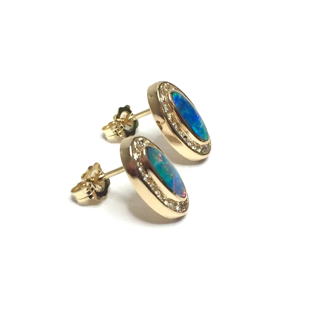 Opal Earrings Oval Inlaid Design with .37ctw Round Diamonds Halo