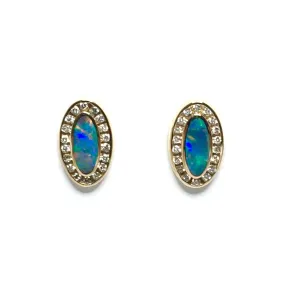 Opal Earrings Oval Inlaid Design with .37ctw Round Diamonds Halo