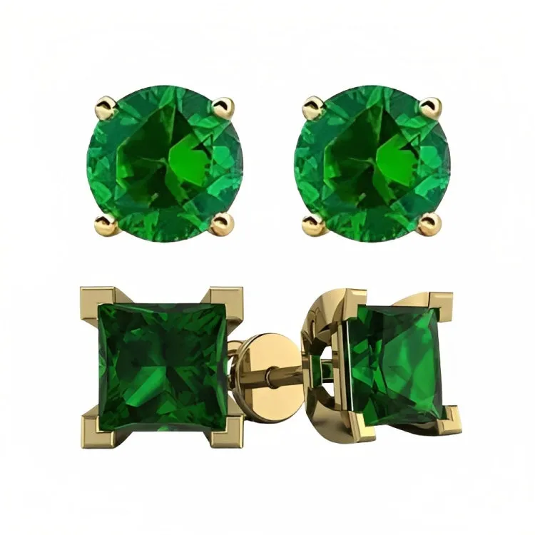 Paris Jewelry 18k Yellow Gold 2 Pair Created Emerald 4mm, 6mm Round & Princess Cut Stud Earrings Plated