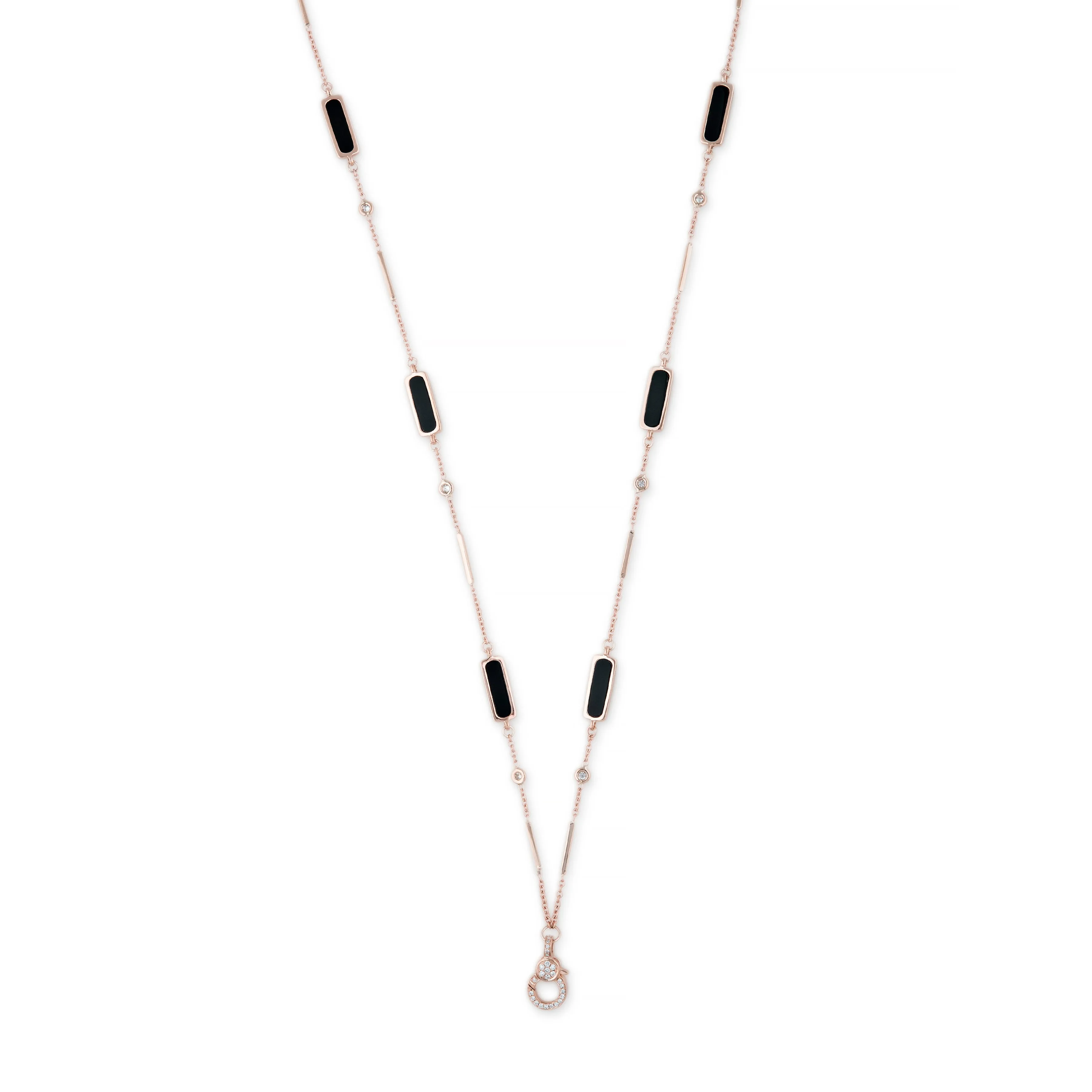 PAVE CHARM CLIP 6 ONYX INLAY DIAMOND SMOOTH BAR NECKLACE