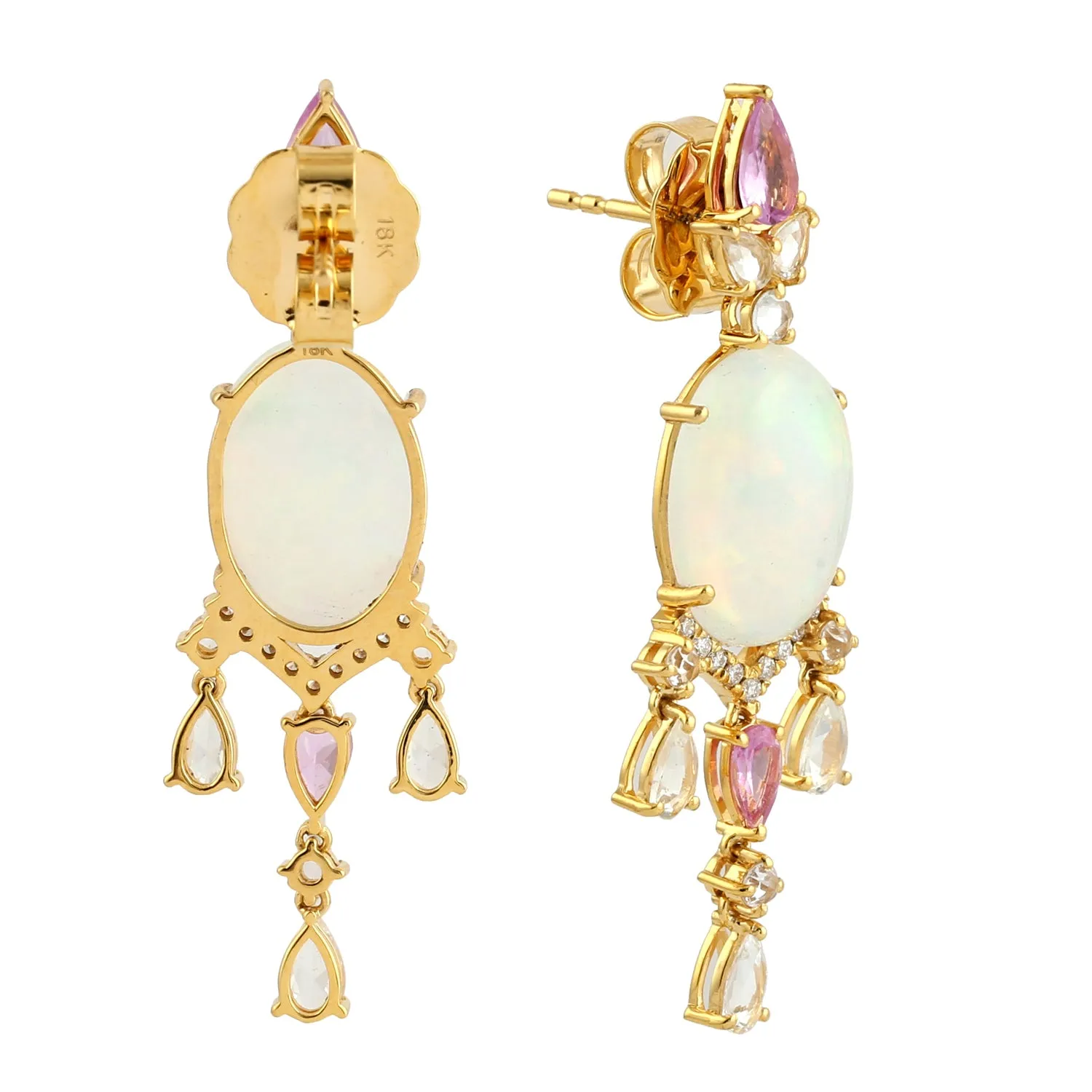 Pear Pink Sapphire Pave Diamond Oval Opal Ethiopian Beautiful Dangler in 18k Yellow Gold