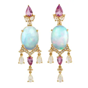 Pear Pink Sapphire Pave Diamond Oval Opal Ethiopian Beautiful Dangler in 18k Yellow Gold