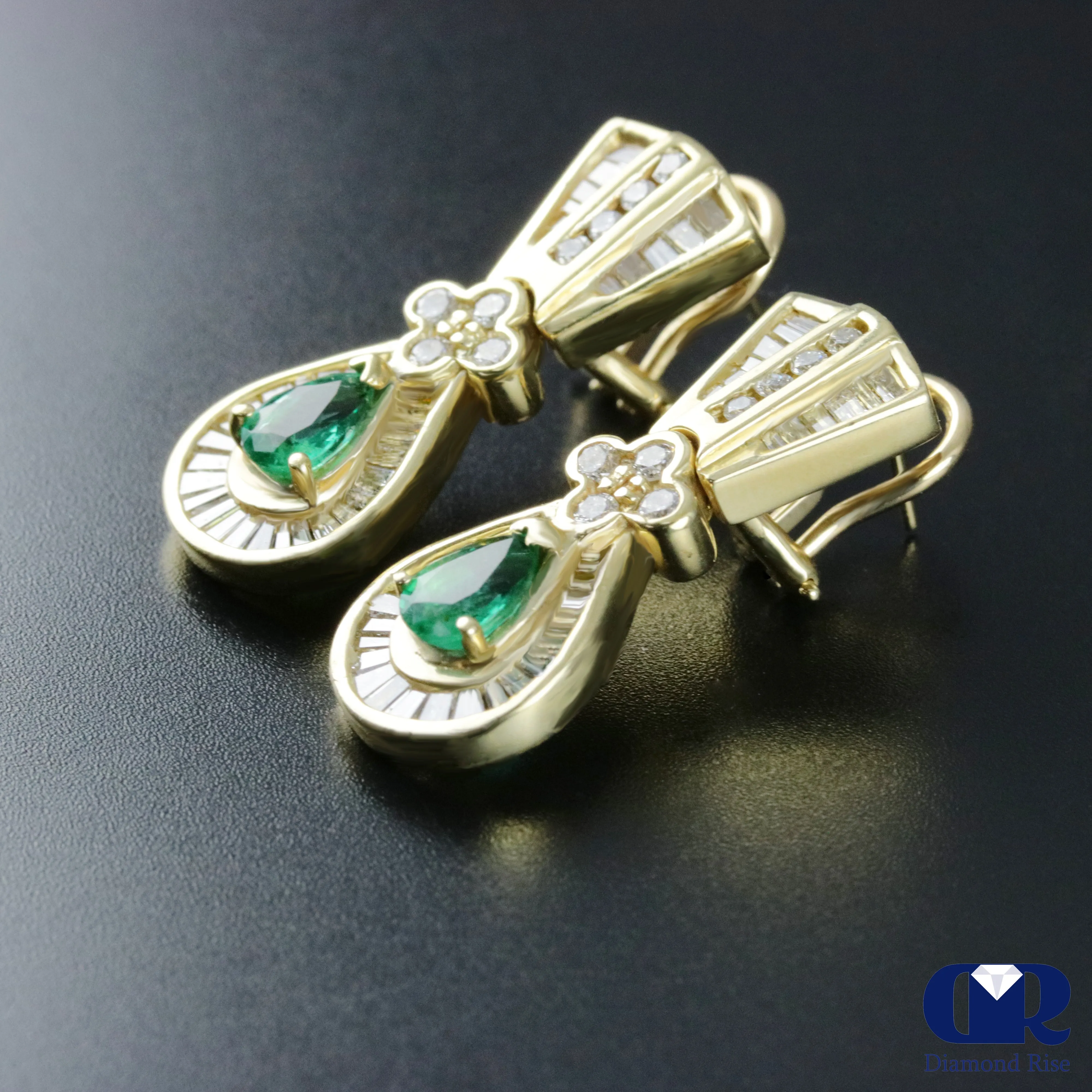 Pear Shaped Emerald & Diamond Earrings In 14K Yellow Gold With Omega Back