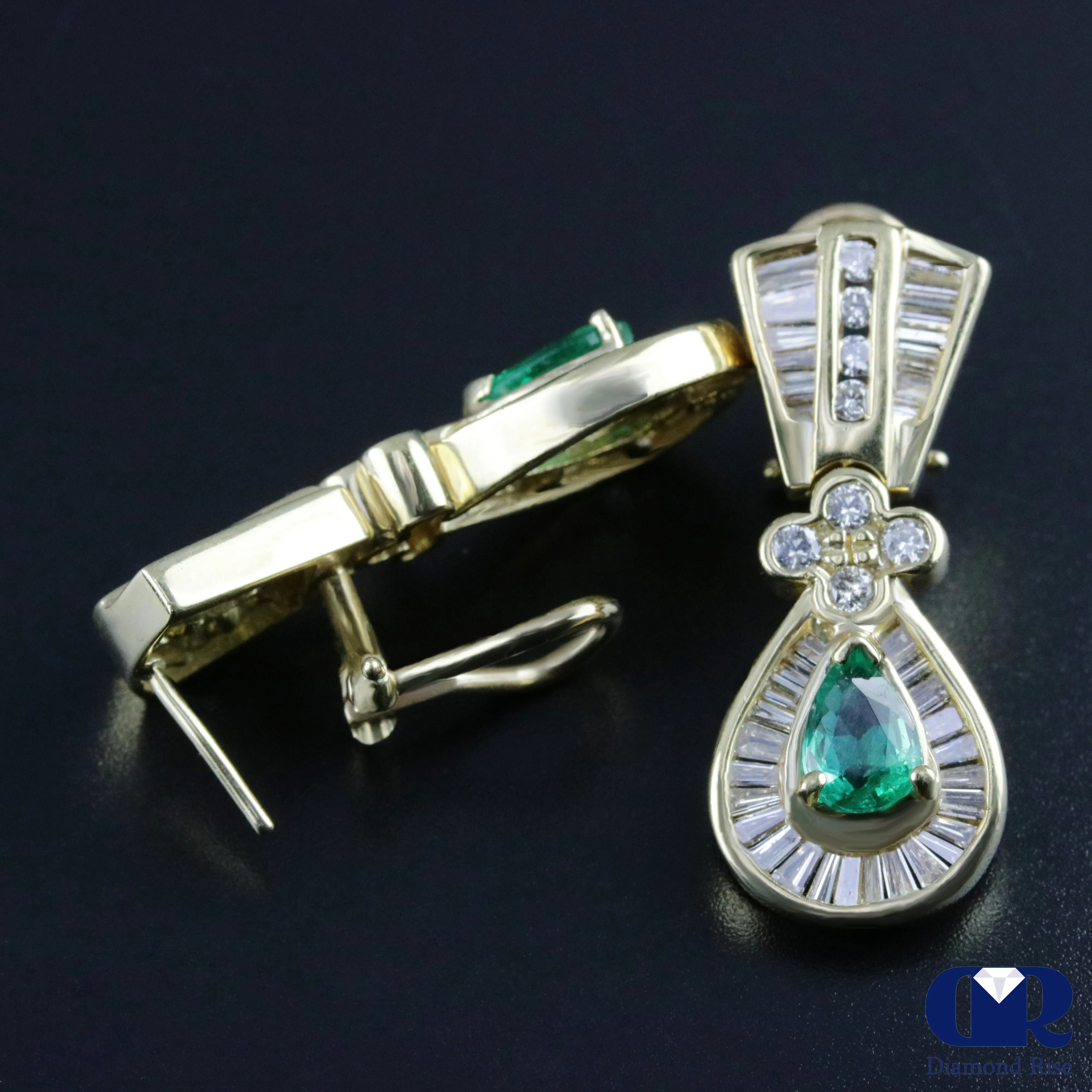 Pear Shaped Emerald & Diamond Earrings In 14K Yellow Gold With Omega Back