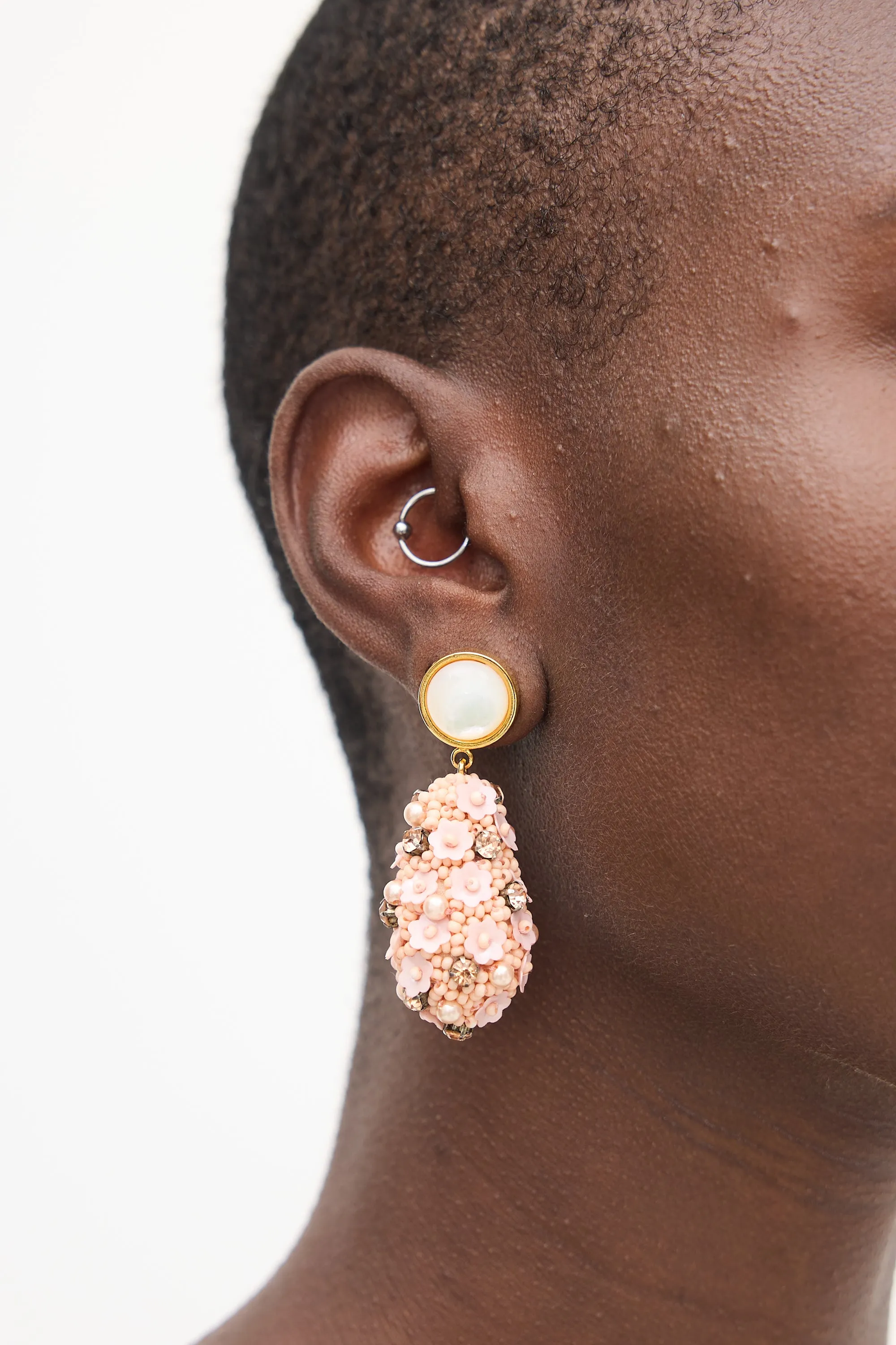 Pink & White Beaded Floral Drop Earrings