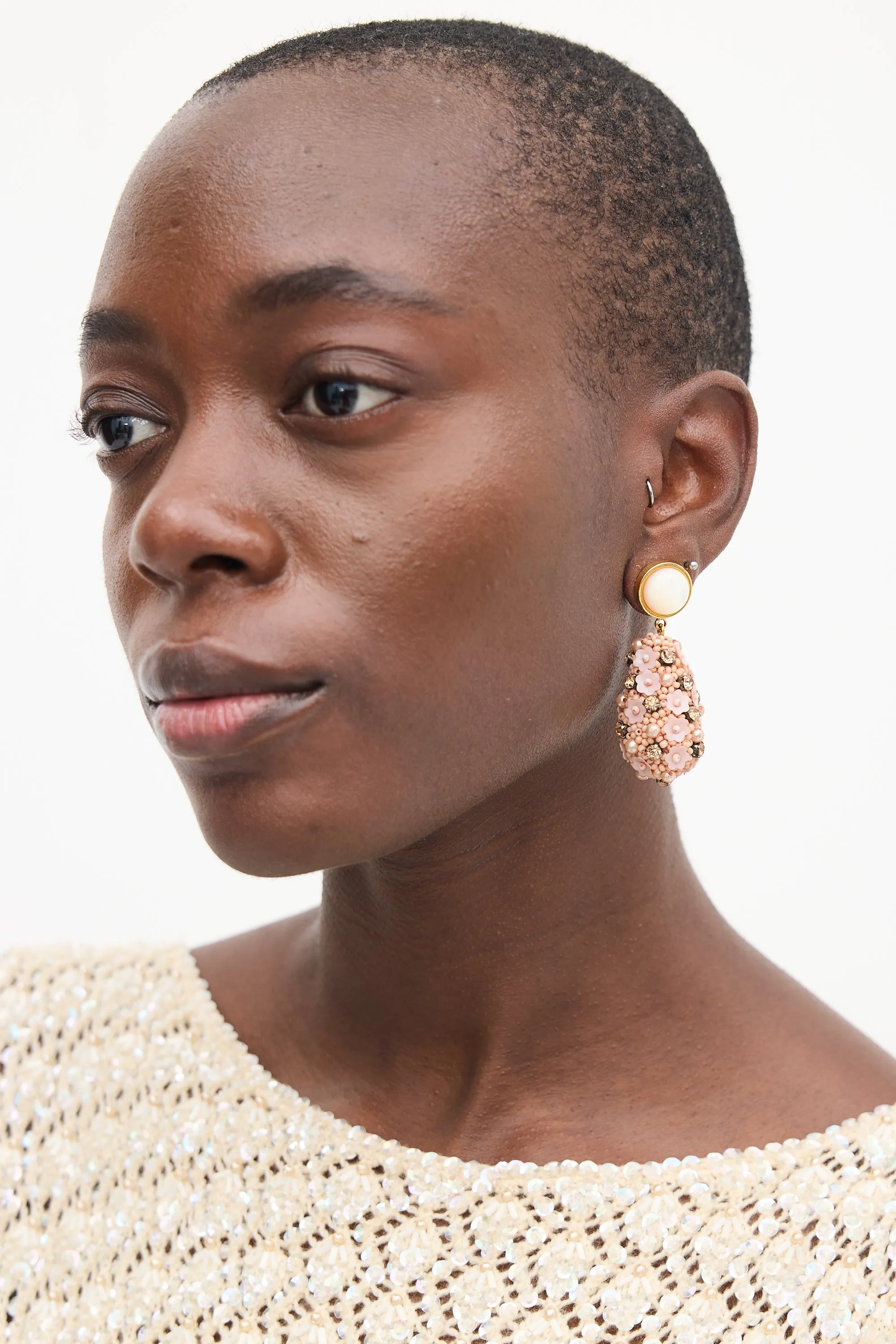 Pink & White Beaded Floral Drop Earrings