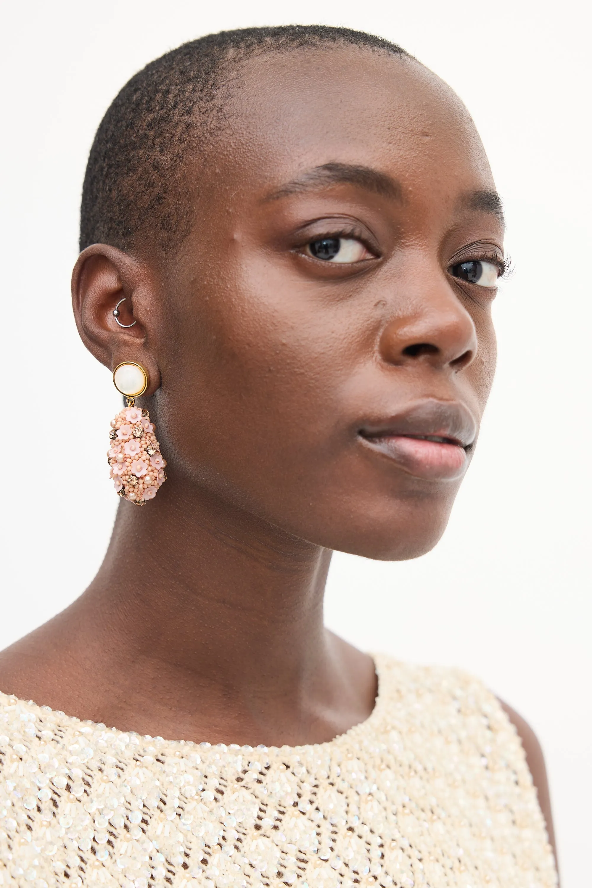 Pink & White Beaded Floral Drop Earrings