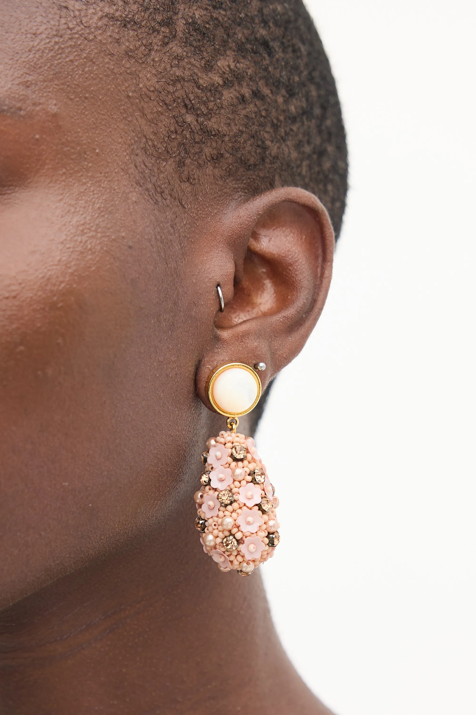 Pink & White Beaded Floral Drop Earrings