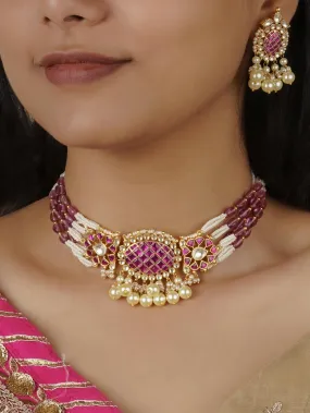 Pink Color Gold Plated Jadau Kundan Necklace Set - MS1398P