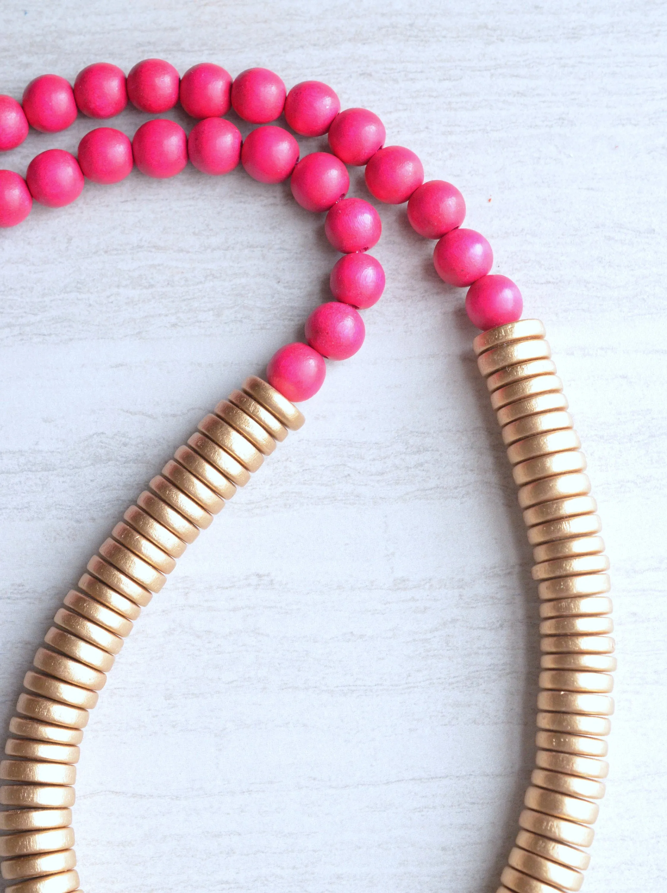 Pink Gold Statement Necklace Wood Bead Necklace Long Beaded Necklace Gifts For Her - Elena