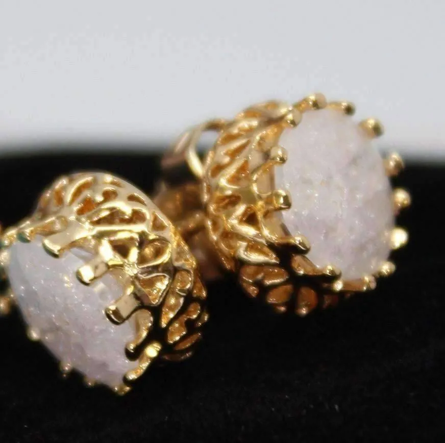 Polished Druzy Quartz Gemstone Crown Set Stud Earrings - Your Choice of Color