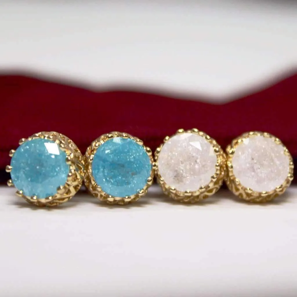 Polished Druzy Quartz Gemstone Crown Set Stud Earrings - Your Choice of Color