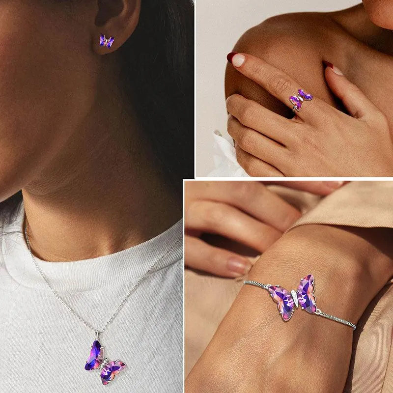 Purple Butterfly Jewelry Set 5PCS February Amethyst Birthstone Women Girls Birthday Gifts