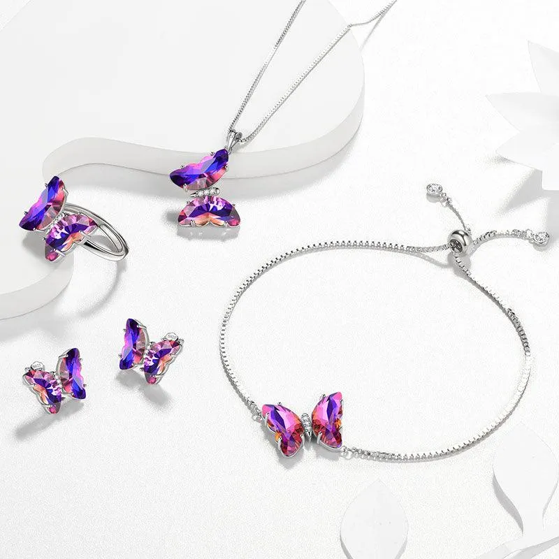 Purple Butterfly Jewelry Set 5PCS February Amethyst Birthstone Women Girls Birthday Gifts