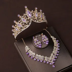 Purple Diamond  Retro Atmosphere Crown Wedding Bridal Tiara Dress Necklace Three-piece Wedding Accessories