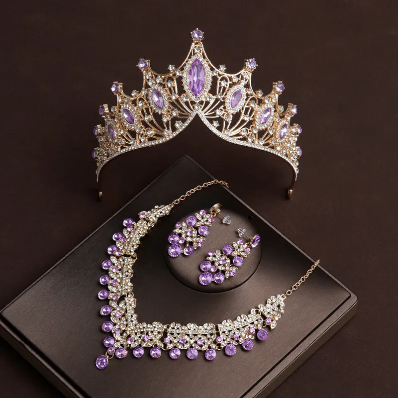 Purple Diamond  Retro Atmosphere Crown Wedding Bridal Tiara Dress Necklace Three-piece Wedding Accessories