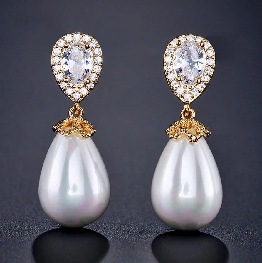 "Kendalyn" - Pearl and Cubic Zirconia Bridal Earrings - Available in Silver, Rose Gold and Yellow Gold